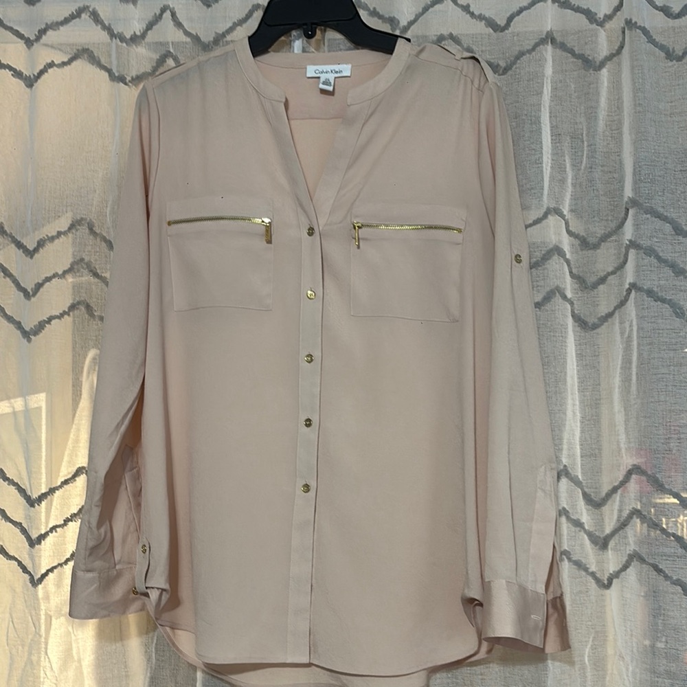 Calvin Klein Tan Long Sleeve Button Down Blouse